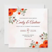 Orange Poppy Rose Watercolor Floral Square Wedding Invitation
