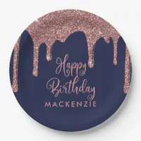 Navy Blue Rose Gold Sparkle Glitter Drips Birthday Paper Plates