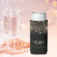 Birthday black gold glitter monogram name seltzer can cooler