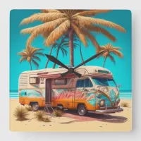 Retro RV and Palm Trees Square Wall Clock