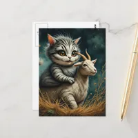 Cat Riding a Goat in the Field Funny Fantasy Postcard