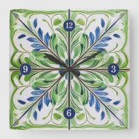 Painted Floral Tile Pat#14 Blue Green ID1078 Square Wall Clock