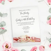 Pink Floral Tea Cup and Pearls Birthday Party Invitation