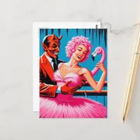 Retro Art Devil With Ballet Dancer Pink Flamingo Postcard