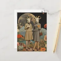 pair of goat ladies Surreal breakfast collage Postcard
