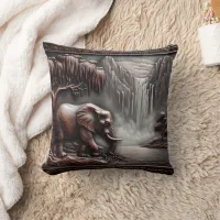 Elephant by Waterfall in Carved Relief Throw Pillow