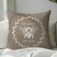 Mocha Honey Bee Laurel Honeycomb Monogram Throw Pillow