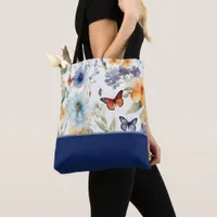 Watercolor Flowers and Butterflies, Color Block Tote Bag