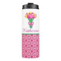 Preppy Pink & Yellow Tulip Bouquet with bow, Name Thermal Tumbler