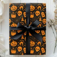 Pumpkin Skull Ghost Spooky Halloween Pattern Wrapping Paper