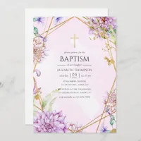 Purple and Gold Floral Geometric Baptism Invitation