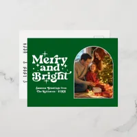 Forest Green and Silver Merry & Bright Retro Xmas Foil Holiday Postcard