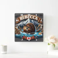 Canadian Beaver, Snow-Capped Mountain Square Wall Clock