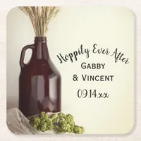 Growler, Hops and Wheat Brewery Wedding Square Paper Coaster