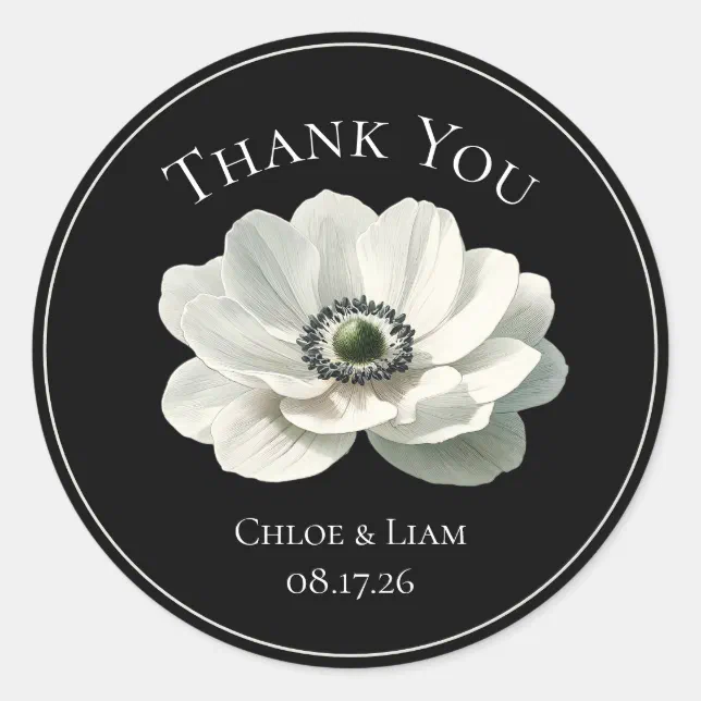 Elegant Anenome Flower Wedding Black & White Classic Round Sticker