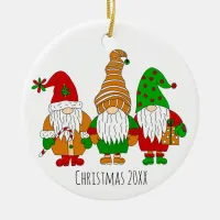 Three Cute Christmas Gnomes Personalized Holiday Ceramic Ornament