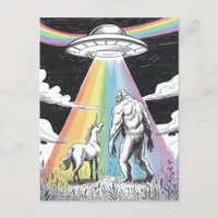 Bigfoot with Unicorn and a UFO  Postcard