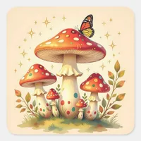 Retro Mushrooms and Butterfly | Vintage Colors Square Sticker