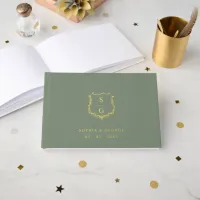 Elegant Monogram Crest Sage and Gold Wedding Foil Guest Book