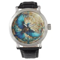 Serene Blue Bird Perched on Stained Glass Watch