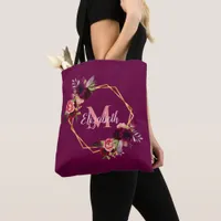 Burgundy florals gold geometric monogram tote bag