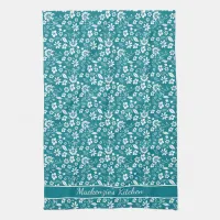 Girly Tropical Teal Turquoise Flowers Kitchen Towel