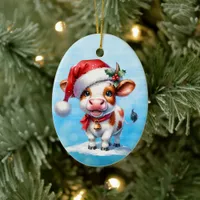 Cartoon Cow in Santa Hat Personalized Christmas Ceramic Ornament