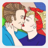 Retro 1950's Style Pop Art Couple Kissing     Square Sticker