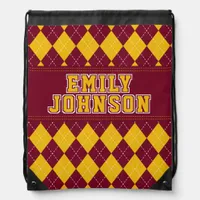 Argyle Pattern Red Yellow Name School Drawstring Bag