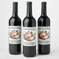 Cute Baby Fox Cub Sleeping in Bed of Leaves Wine Label