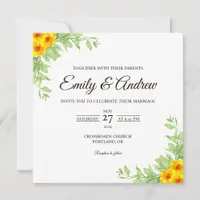 Yellow Rose Leaf Floral Watercolor Square Wedding Invitation