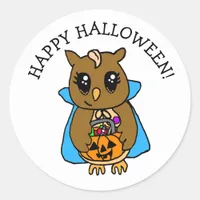 Happy Halloween Cute Whimsical Owl with Candy Classic Round Sticker