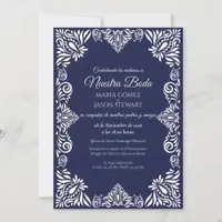 Navy Blue Floral Classic Elegant Spanish Wedding Invitation