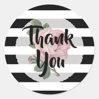Thank You Black and White Pink Vintage Rose Classic Round Sticker