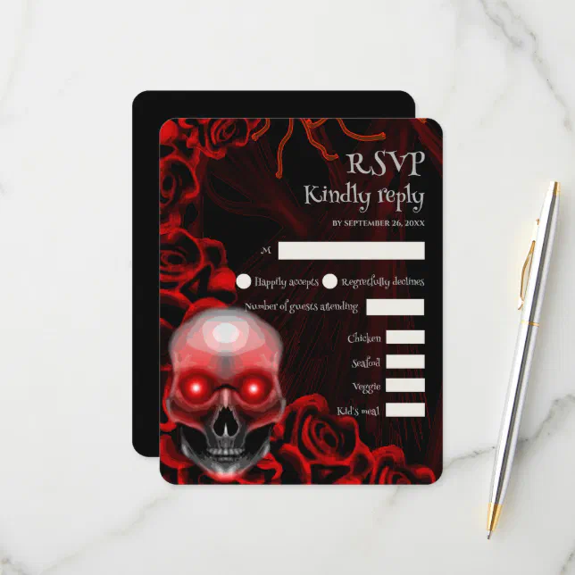 Scary red floral dark moody gothic skull halloween RSVP card