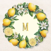 Lemon Fruit Flowers Fresh Citrus Monogrammed Paper Coaster