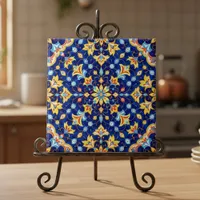 Ornate Floral Vibrant Blue Gold Mediterranean Ceramic Tile
