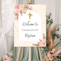 Baptism blush rose gold pampas grass arch welcome foam board