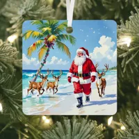 Cute Santa on Beach with Reindeer Personalized Metal Ornament