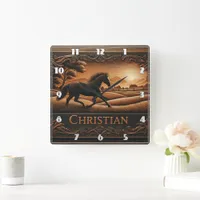 Galloping Horse in Scenic Landscape at Sunset Square Wall Clock