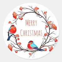 Merry Christmas Birds on a Berry Branch Classic Round Sticker