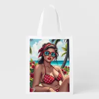 Red Bikini, Sunglasses and Bandana Woman   Grocery Bag