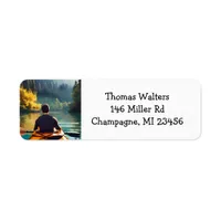 Serene Kayaking Scene | Man in Kayak in Mountains Label