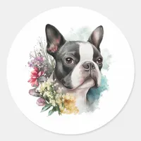 Adorable Boston Terrrier and Flowers Classic Round Sticker