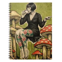Beautiful Lady Drinks Tea Sits on Mushrooms Notebook