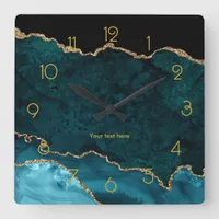 Teal and Gold Agate Personalized Square Wall Clock