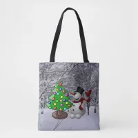 Christmas Tree, Snowman, Snow Scene All-Over Print Tote Bag