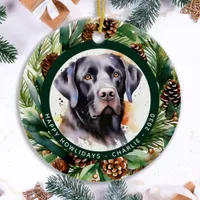 Dog Black Labrador Personalized Wreath Christmas Ceramic Ornament