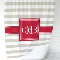 Beige and Red Stripes Monogram Shower Curtain