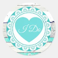 Turquoise White Lacey I Do WeddingStickers Classic Round Sticker